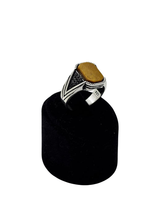 Yanları Siyah Taş Detaylı Kaplan Gözü Gümüş Erkek Yüzük