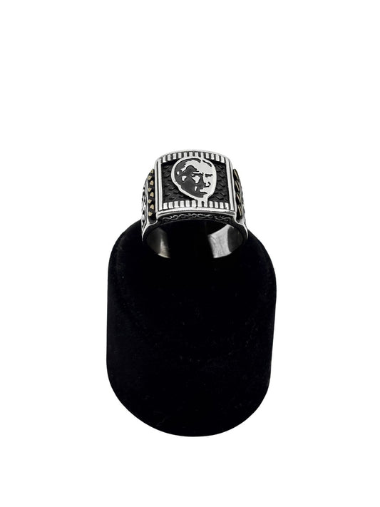 Kare Atatürk Siluet Gümüş Erkek Yüzük