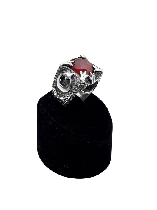 Kare Kesme Lal Taşlı Gümüş Erkek Yüzük