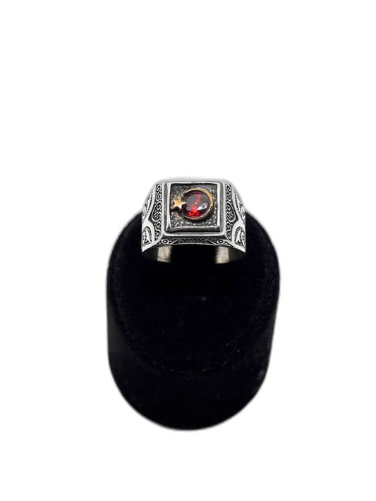 Kare Form Lal Taşlı Ay Yıldız Gümüş Erkek Yüzük