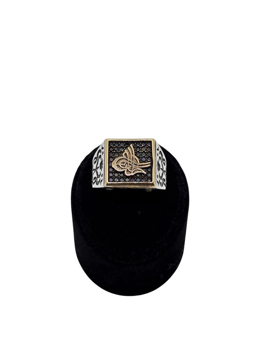 Kare Siyah Taşlı Osmanlı Tuğra Gümüş Erkek Yüzük