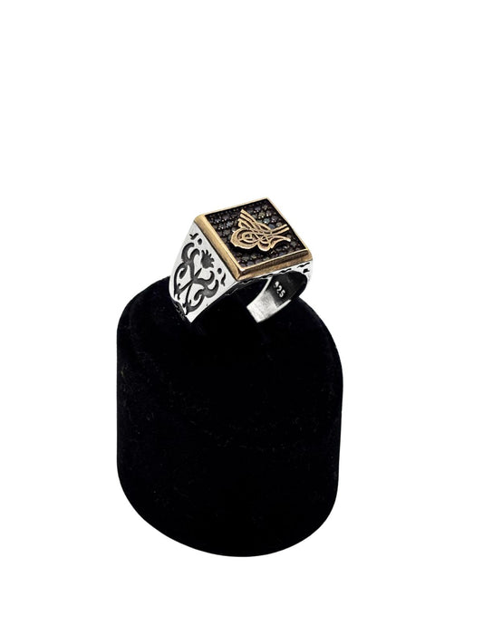 Kare Siyah Taşlı Osmanlı Tuğra Gümüş Erkek Yüzük
