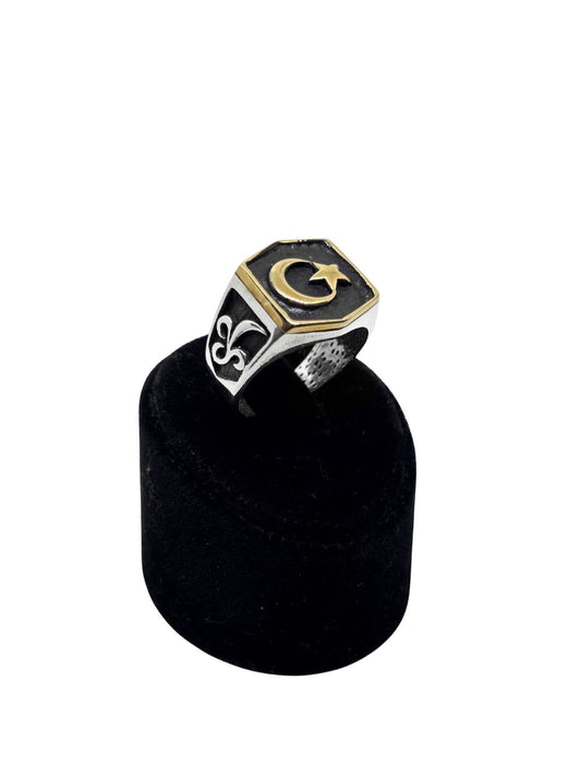 Kenar Motifli Ay Yıldız Erkek Gümüş Yüzük