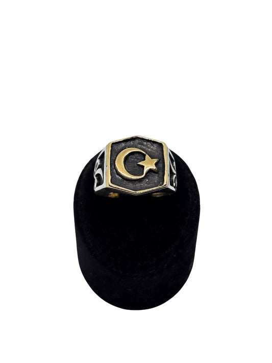 Kenar Motifli Ay Yıldız Erkek Gümüş Yüzük