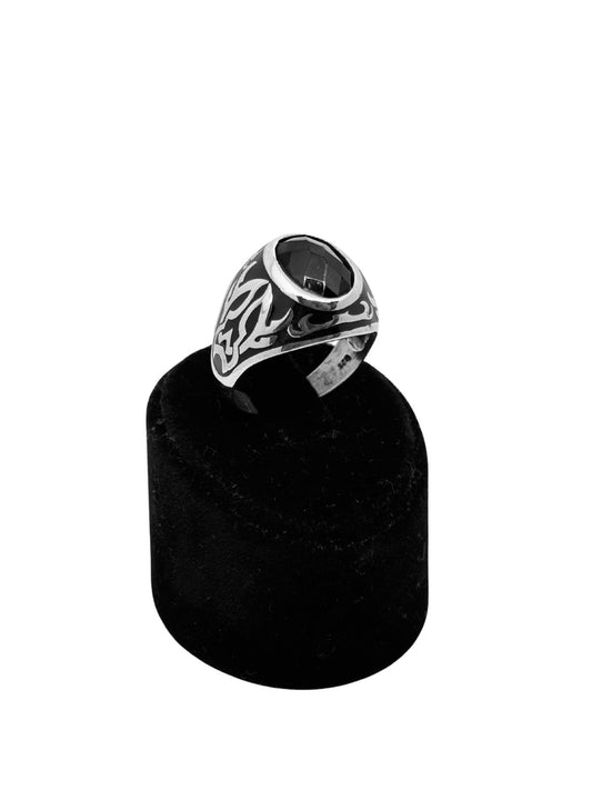 Kesme Oval Oniks Taşlı Mineli Gümüş Erkek Yüzük