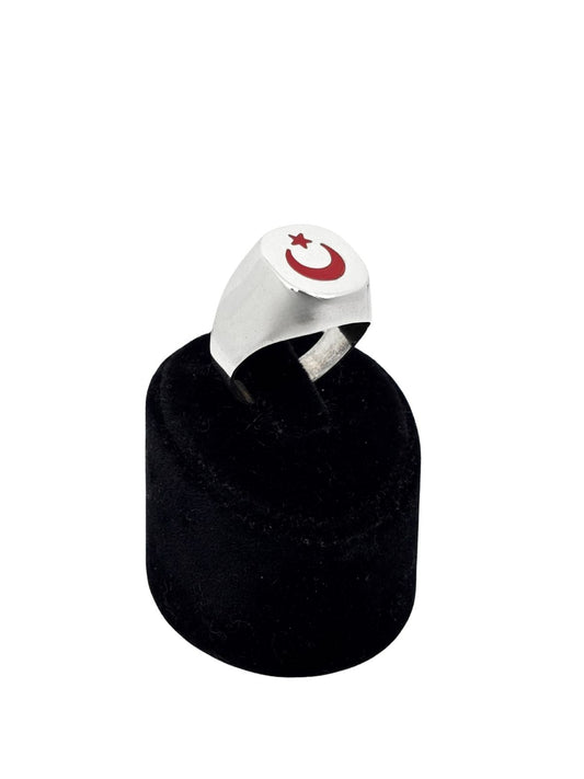 Kırmızı Mineli Ay Yıldız Türk Bayrağı Cilalı Gümüş Erkek Yüzük