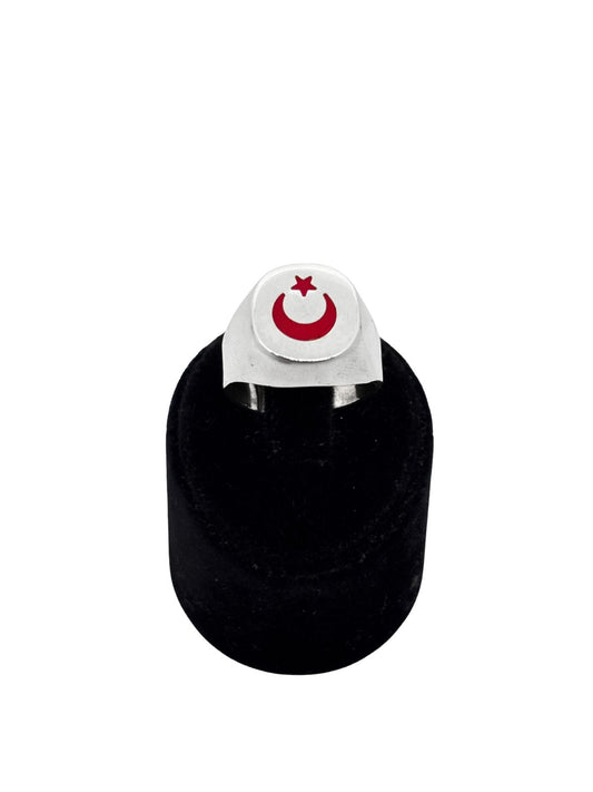 Kırmızı Mineli Ay Yıldız Türk Bayrağı Cilalı Gümüş Erkek Yüzük