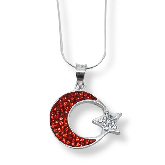 Kırmızı Işıltı Bezeli Ayyıldız Gümüş Kolye Modelleri IKM