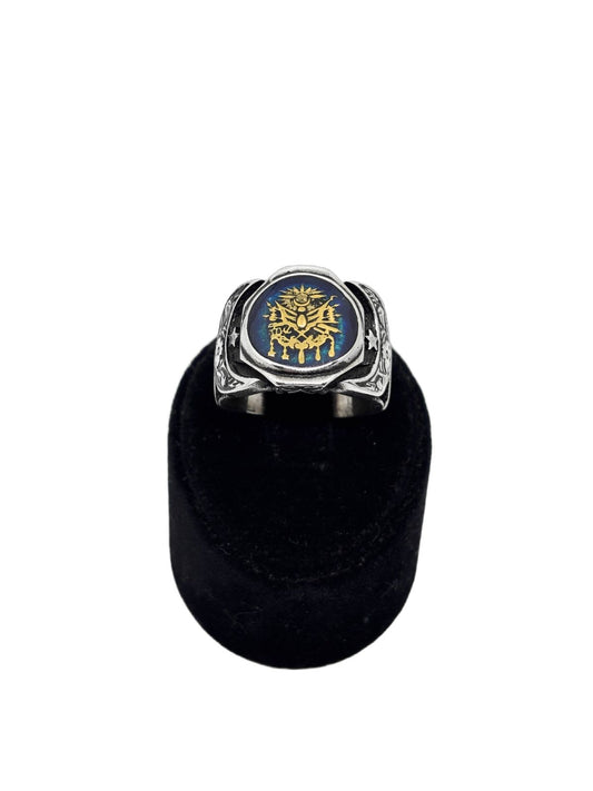 Lacivert Mineli Osmanlı Bayraklı Gümüş Erkek Yüzük