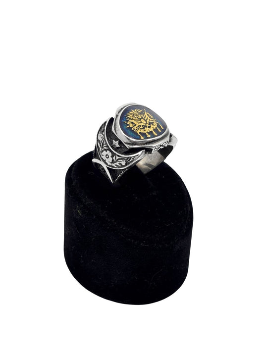 Lacivert Mineli Osmanlı Bayraklı Gümüş Erkek Yüzük