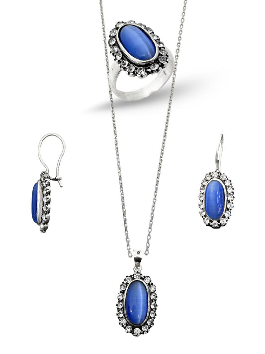 Vintage Beyaz Taşlı Lacivert Oval Sedef Gümüş Set