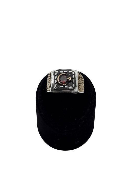 Lal Taşlı Ay Yıldız Gümüş Erkek Yüzük