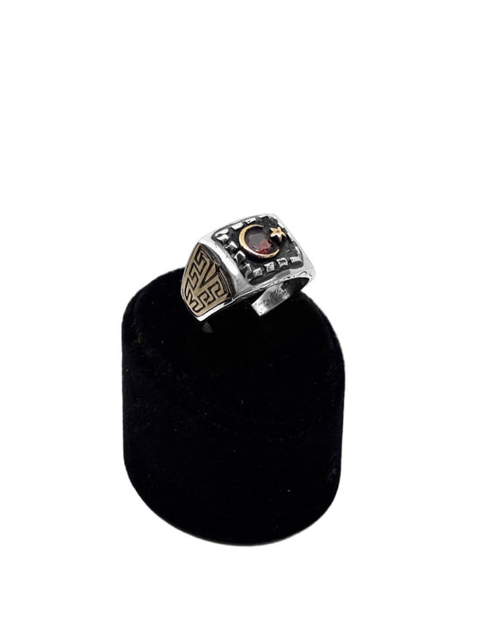 Lal Taşlı Ay Yıldız Gümüş Erkek Yüzük