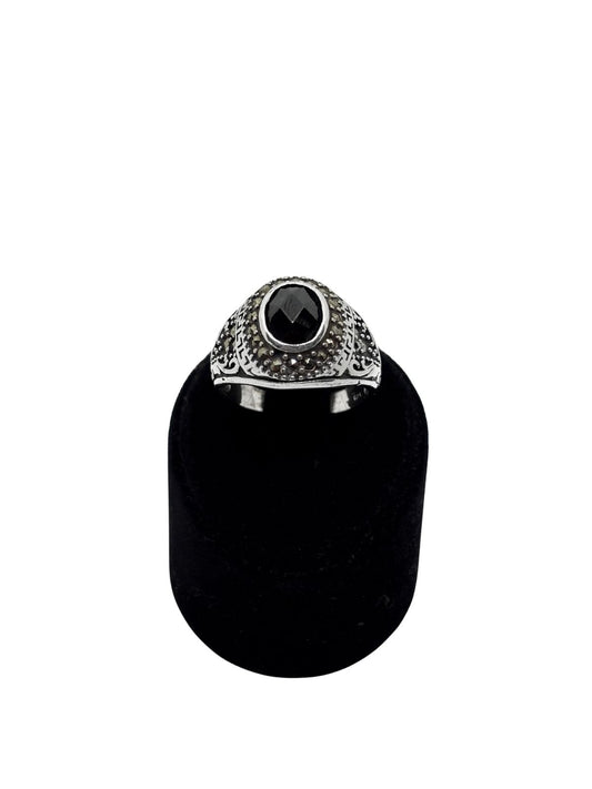 Markazit Bezeli Kesme Oval Oniks Gümüş Erkek Yüzük