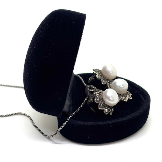 Marcasite Sparkling Pearl Blooming Silver Flower Set & Set