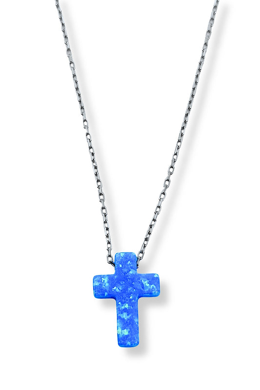 Mini Mavi Opal Işıltılı Haç Gümüş Kadın Kolye