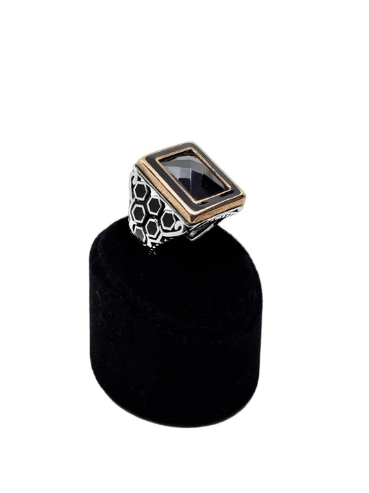 Mineli Dikdörtgen Oniks Taşlı Gümüş Erkek Yüzük