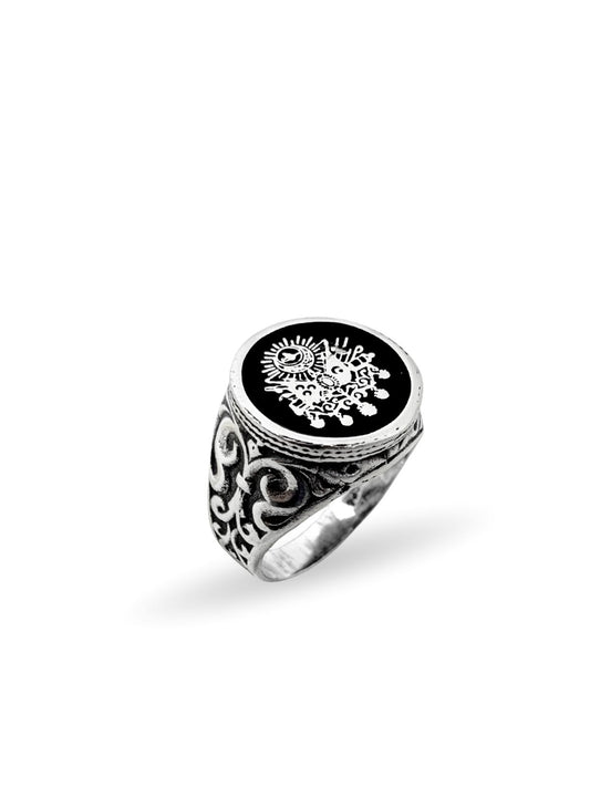 Mineli Yuvarlak Osmanlı Devlet Armalı Gümüş Erkek Yüzük