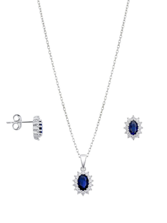 Mini Beyaz Işıltı Çevrili Doğal Taşlı Oval Kadın Kolye Küpe Gümüş Set