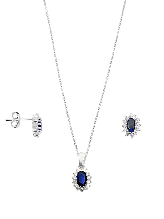 Mini Beyaz Işıltı Çevrili Doğal Taşlı Oval Kadın Kolye Küpe Gümüş Set