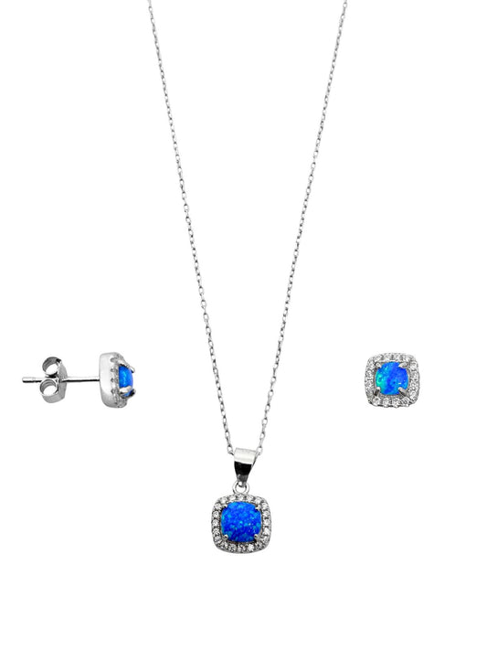 Mini Kare Beyaz Işıltı Çevrili Opal Gümüş Kadın Kolye Küpe Set