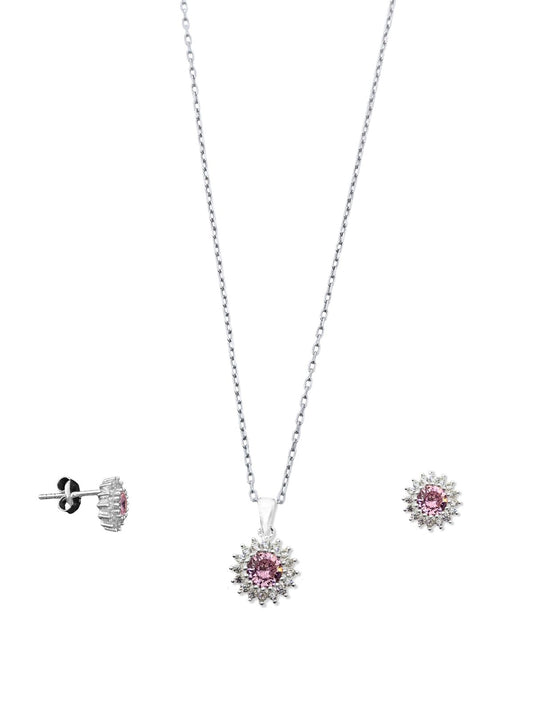 Minimal Klasik Anturaj Modeli Taşlı Gümüş Kolye ve Küpe Seti