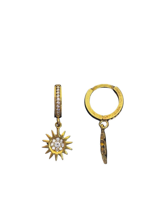 Minimal Taşlı Sallantılı Güneş 24K Altın Kaplama Gümüş Halka Küpe 1.2x1.2 cm