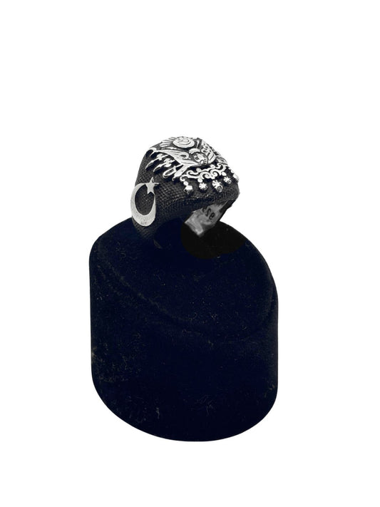 Osmanlı Motifli Ay Yıldız İşlemeli Gümüş Erkek Yüzük