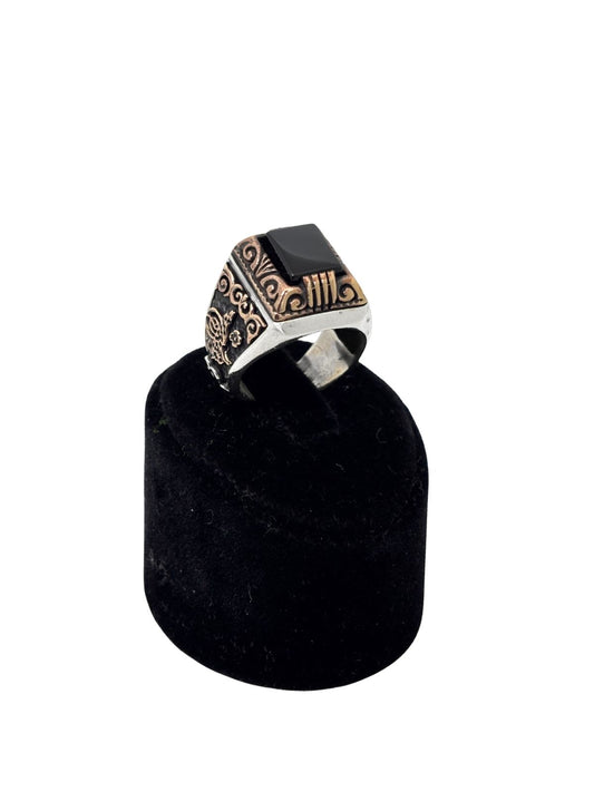 Osmanlı Tuğra Detaylı Dikdörtgen Oniks Gümüş Erkek Yüzük