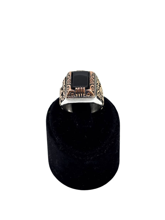 Osmanlı Tuğra Detaylı Dikdörtgen Oniks Gümüş Erkek Yüzük