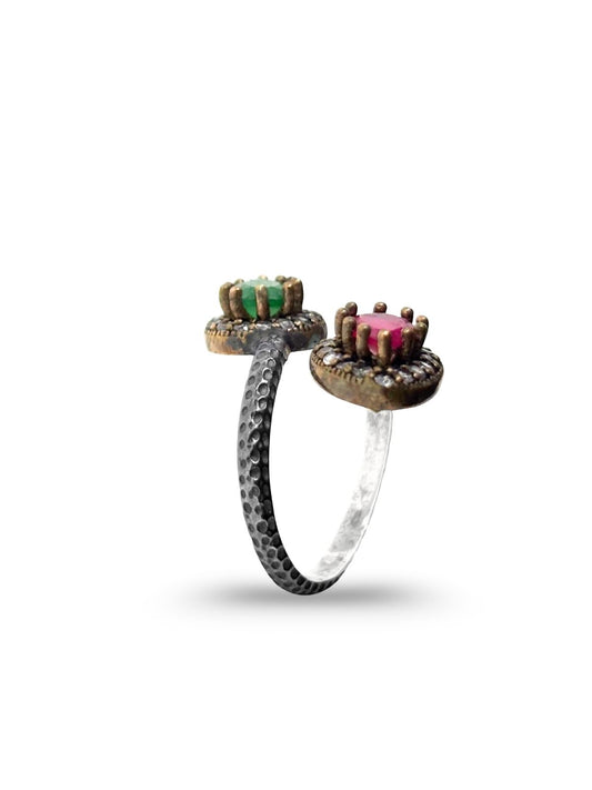 Otantik Ayarlanabilir Damla Yakut Zümrüt Gümüş Kadın Yüzük