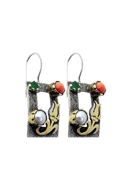 Otantik Dikdörtgen Formlu Doğal Taşlı Gümüş Kadın Küpe 3.9x1.7 cm