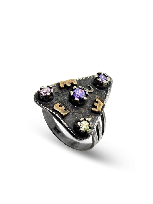 Otantik Renkli Zirkon Taşlı Retro Kadın Gümüş Yüzük