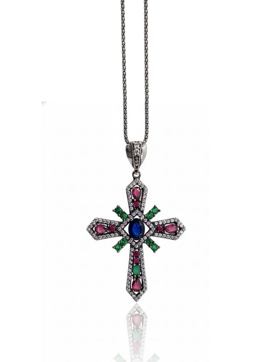 Doğal Taşlı Otantik Gümüş Haç Kolye 3.5x6 cm