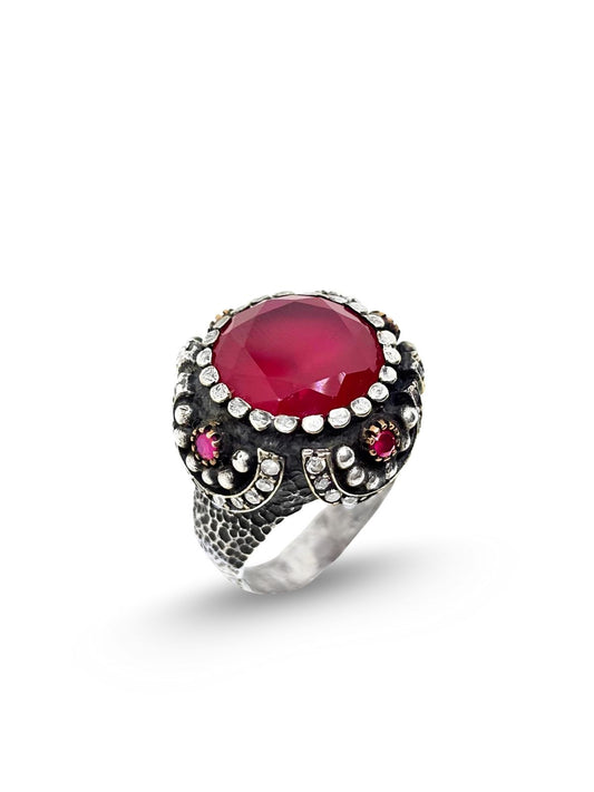 Otantik Yakut ve Zümrüt Taşlı Gümüş Kadın Yüzük