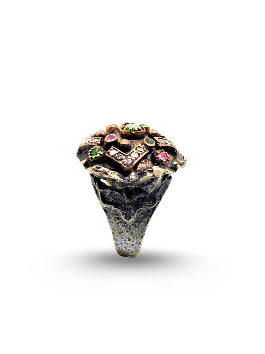 Otantik Yakut Zümrüt Taşlı Gümüş Kadın Yüzük