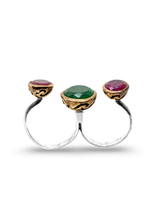 Otantik Yakut Zümrüt Taşlı İkili Bağlantılı Gümüş Kadın Yüzük