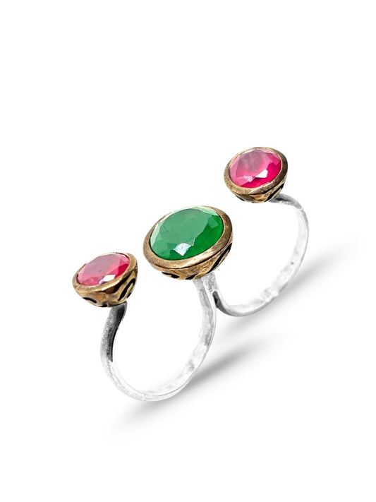 Otantik Yakut Zümrüt Taşlı İkili Bağlantılı Gümüş Kadın Yüzük