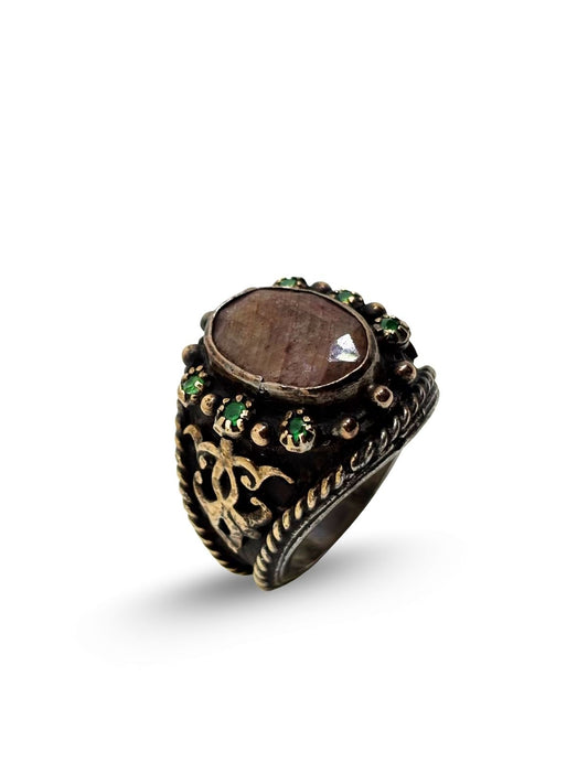 Otantik Zümrüt Çevrili Güneş Taşı Kadın Gümüş Yüzük