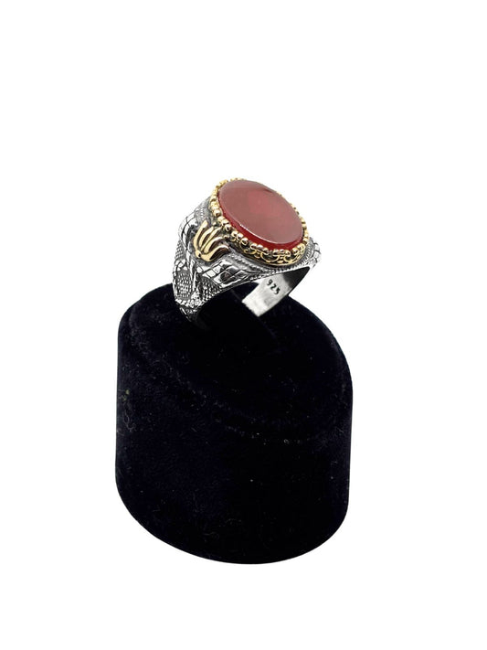 Oval Akik Taşlı Kalemli Gümüş Erkek Yüzük