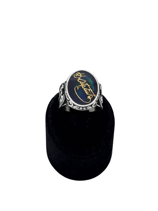Oval Lacivert Mineli Atatürk İmzası Gümüş Erkek Yüzük