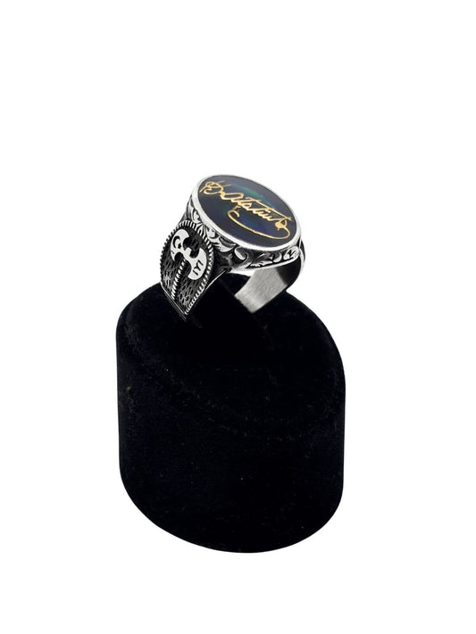 Oval Lacivert Mineli Atatürk İmzası Gümüş Erkek Yüzük