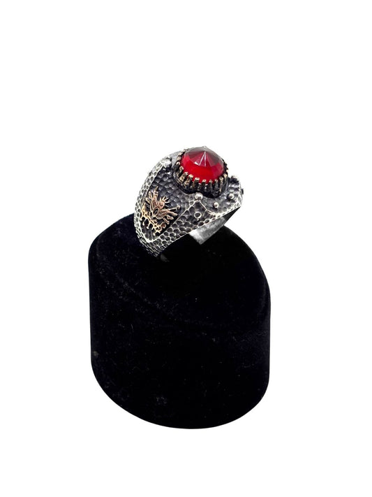 Oval Lal Taşlı Osmanlı Tuğra ve Ay Yıldız Gümüş Erkek Yüzük