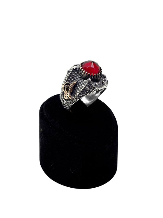 Oval Lal Taşlı Osmanlı Tuğra ve Ay Yıldız Gümüş Erkek Yüzük