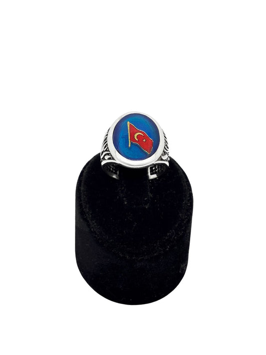 Oval Mavi Mine Üzeri Türk Bayraklı Gümüş Erkek Yüzük