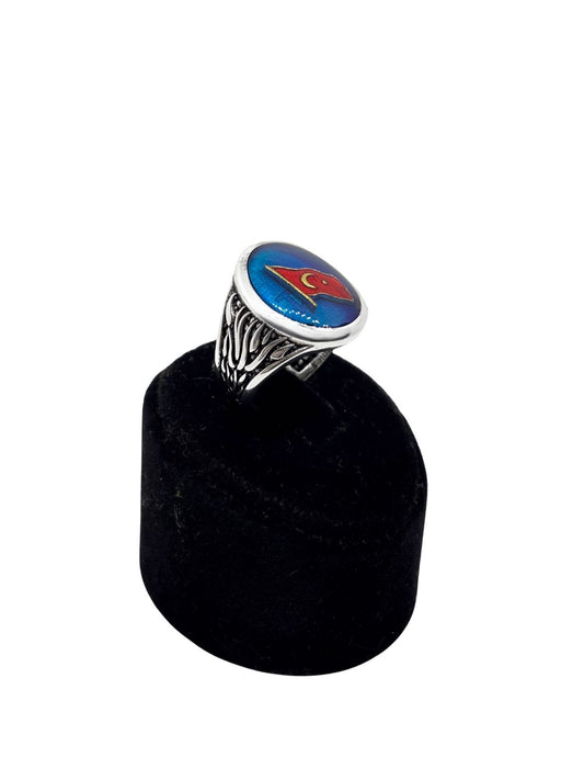 Oval Mavi Mine Üzeri Türk Bayraklı Gümüş Erkek Yüzük