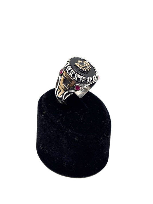 Oval Oniks Osmanlı Bayraklı Yakut Taş Detaylı Gümüş Erkek Yüzük