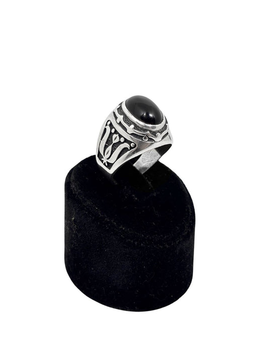 Oval Oniks Taşlı Kalemli Gümüş Erkek Yüzük