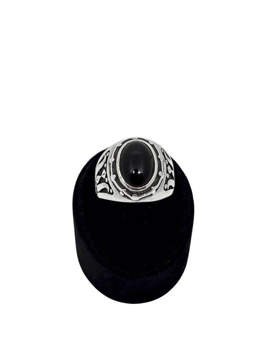 Oval Oniks Taşlı Kalemli Gümüş Erkek Yüzük