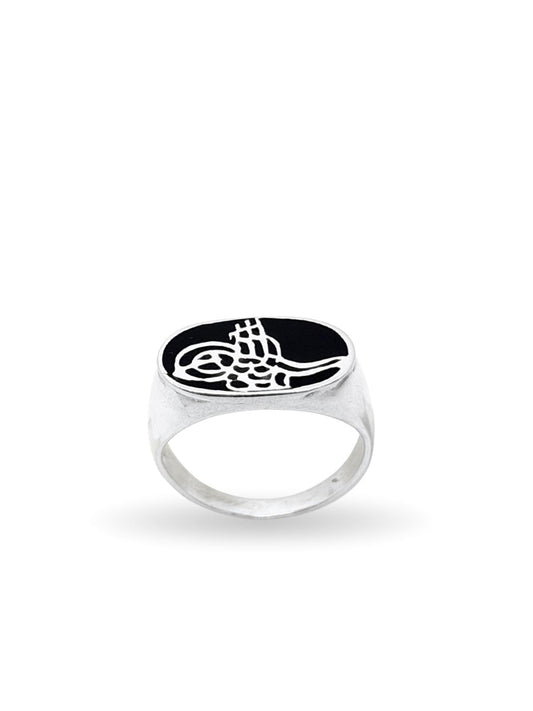 Oval Siyah Mine Üzeri Osmanlı Tuğrası Gümüş Erkek Yüzük